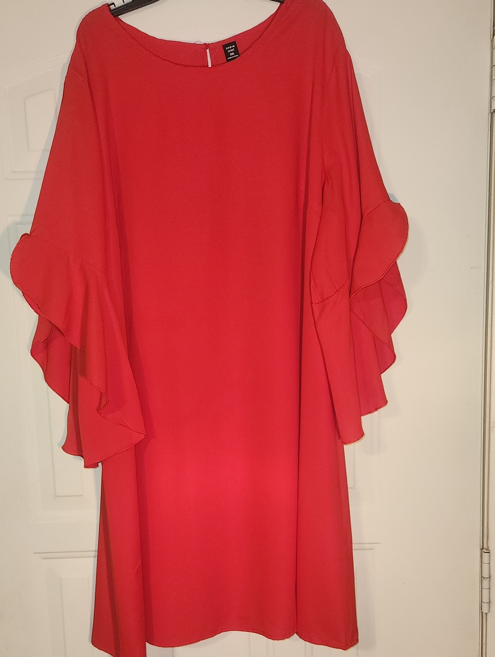 SHEIN Red Ruffle Sleeve Shift Dress - Long Sleeve